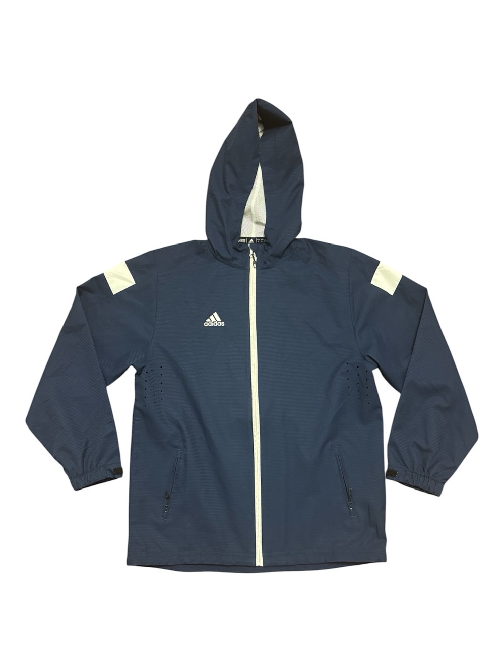 Adidas Navy Hooded Windbreaker with White Trim Zipper Pockets